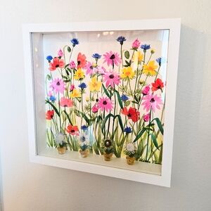 Pink orange blue wildflowers watercolor painting shadow box wall art NWT